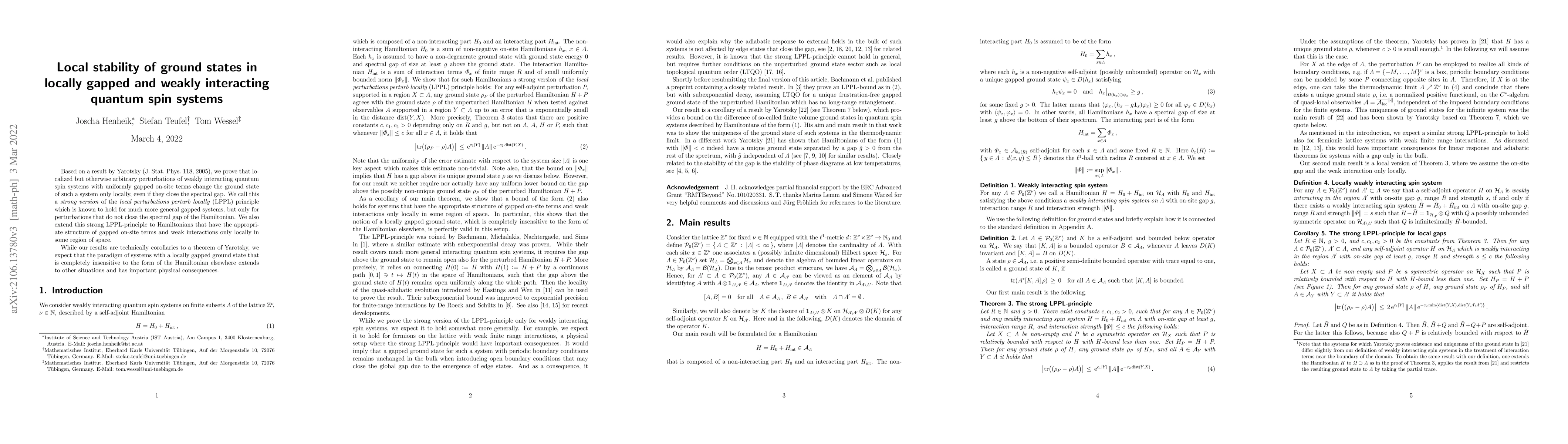 Thumbnail for Local stability of ground states in locally gapped and weakly
  interacting quantum spin systems