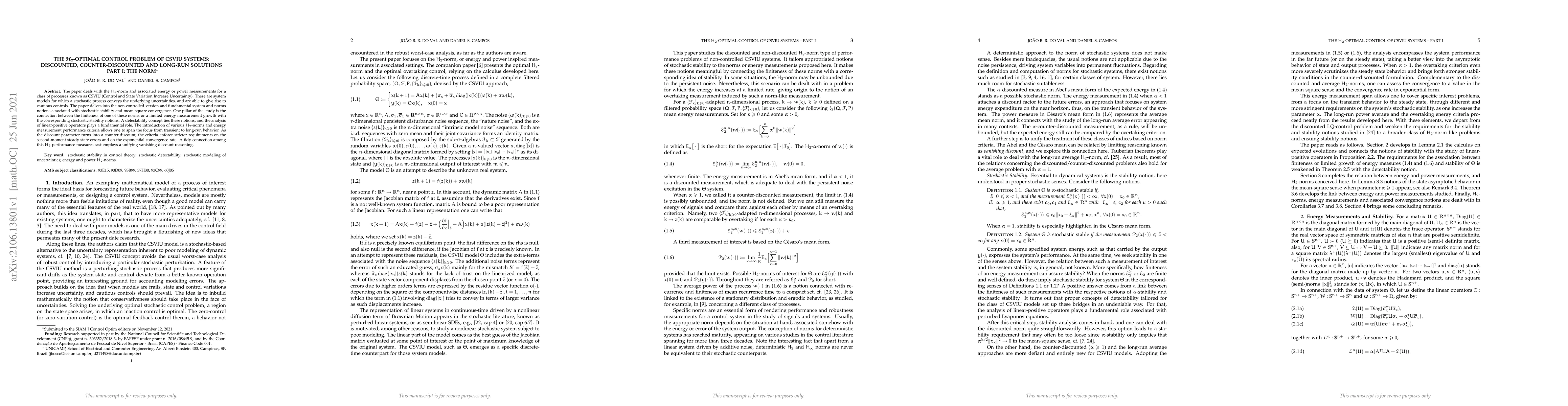 Thumbnail for The H2-optimal Control Problem of CSVIU Systems: Discounted,
  Counter-discounted and Long-Run Solutions -- Part I: The Norm