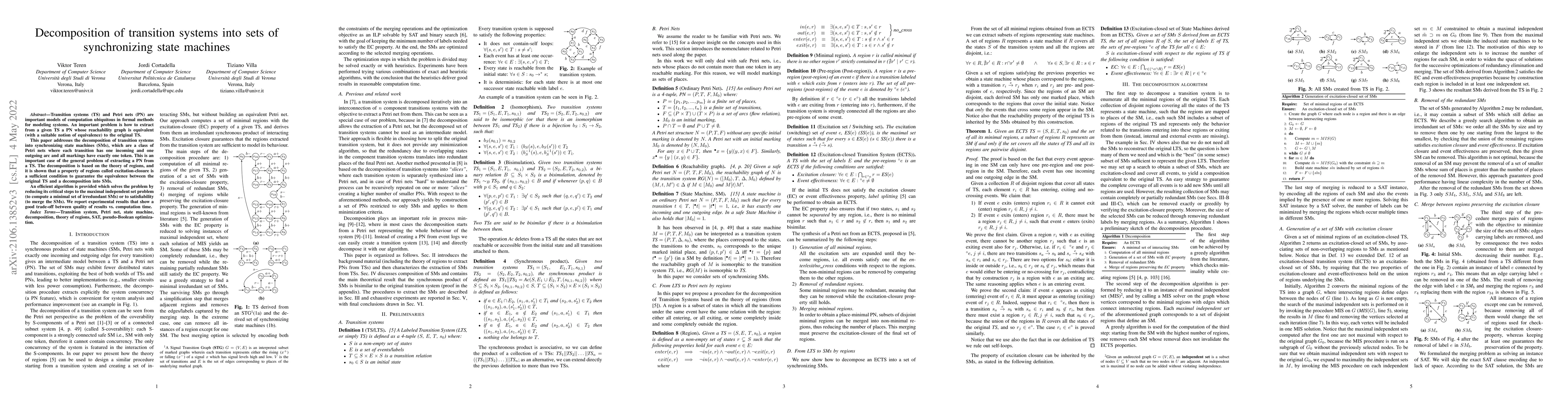 Thumbnail for Decomposition of transition systems into sets of synchronizing state
  machines