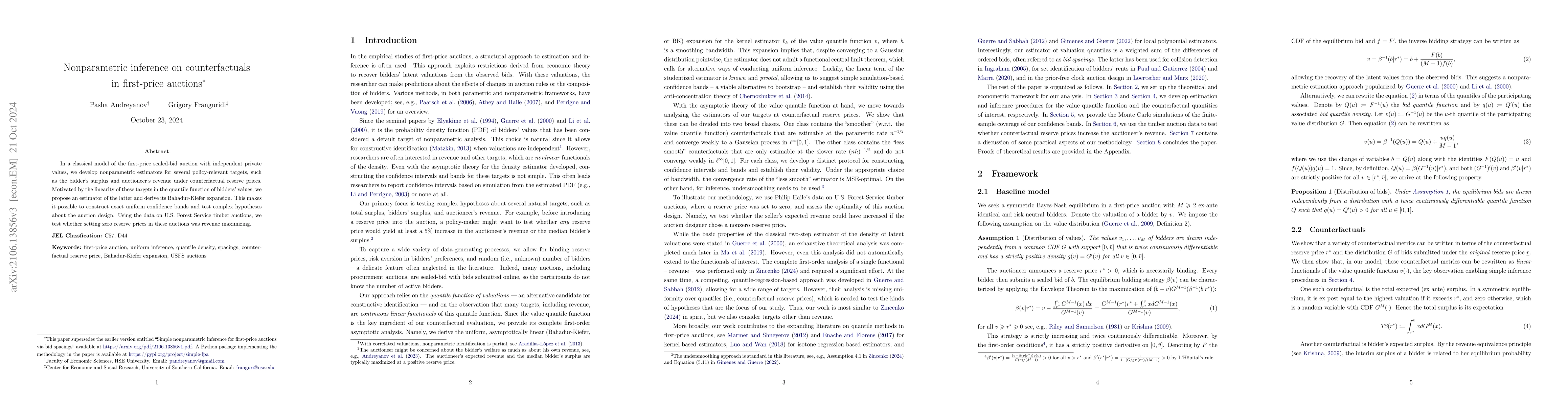 Thumbnail for Nonparametric inference on counterfactuals in first-price auctions