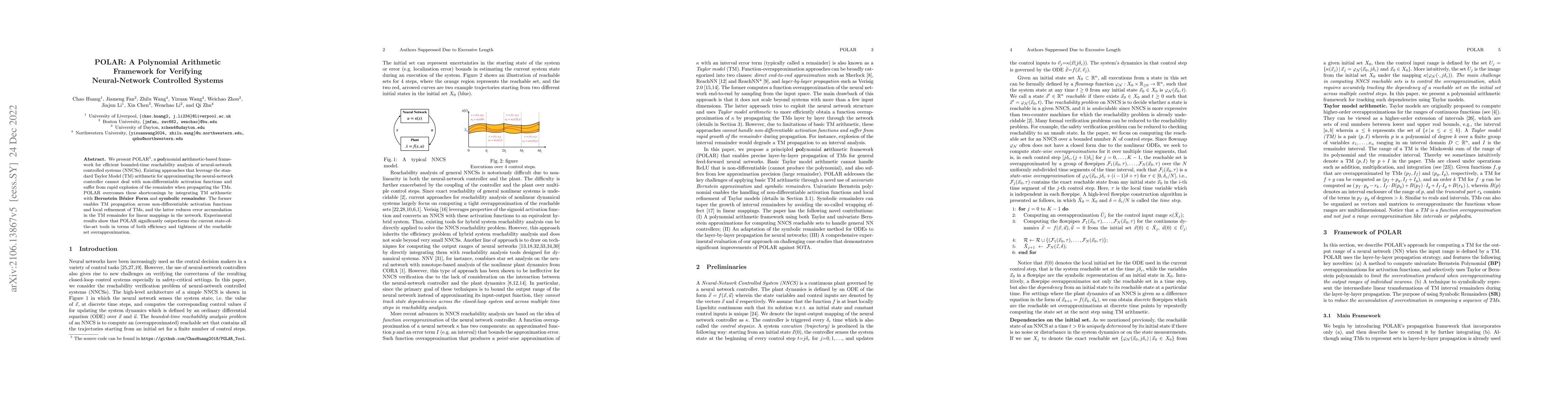 Thumbnail for POLAR: A Polynomial Arithmetic Framework for Verifying Neural-Network
  Controlled Systems