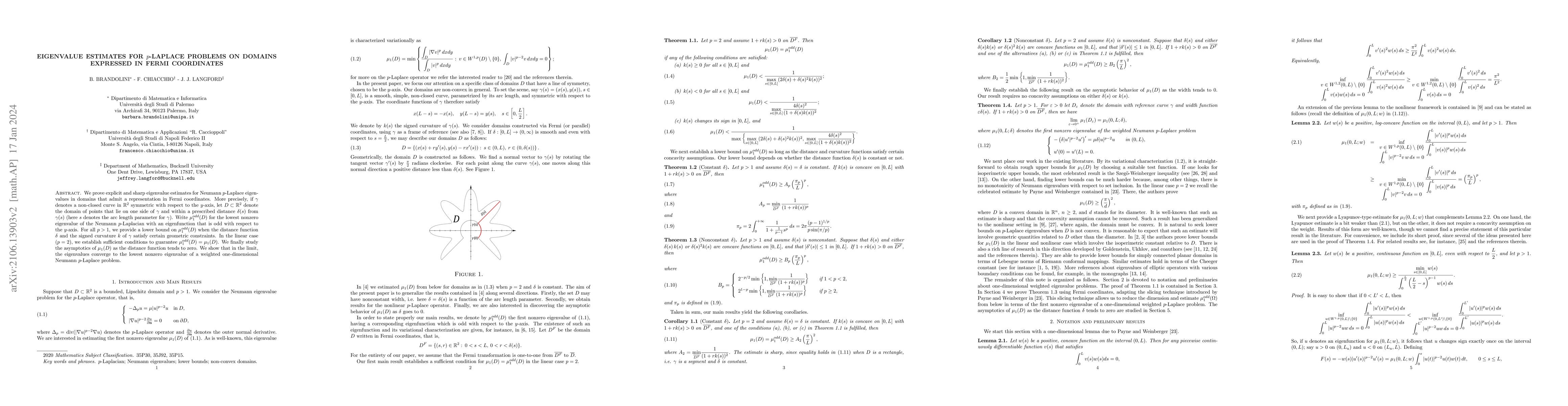Thumbnail for Eigenvalue Estimates for $p$-Laplace Problems on Domains Expressed in
  Fermi Coordinates