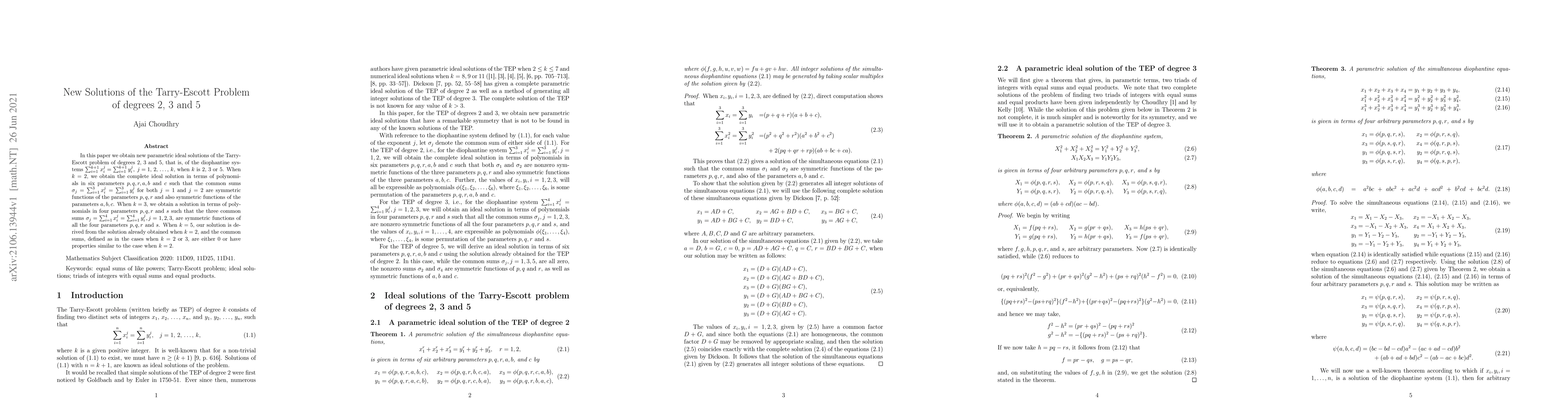 Thumbnail for New solutions of the Tarry-Escott problem of degrees 2, 3 and 5