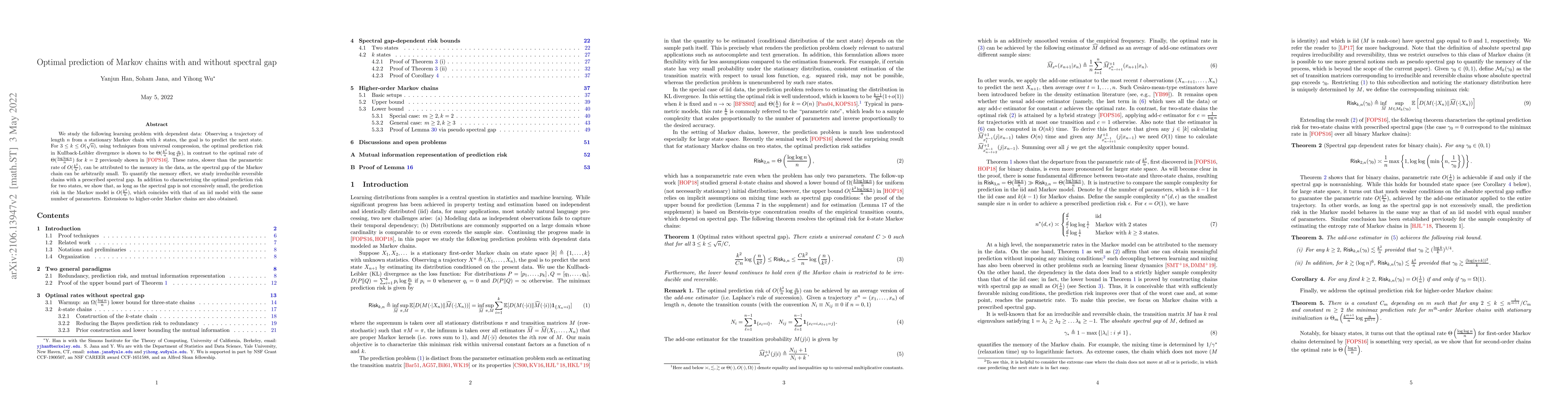 Thumbnail for Optimal prediction of Markov chains with and without spectral gap