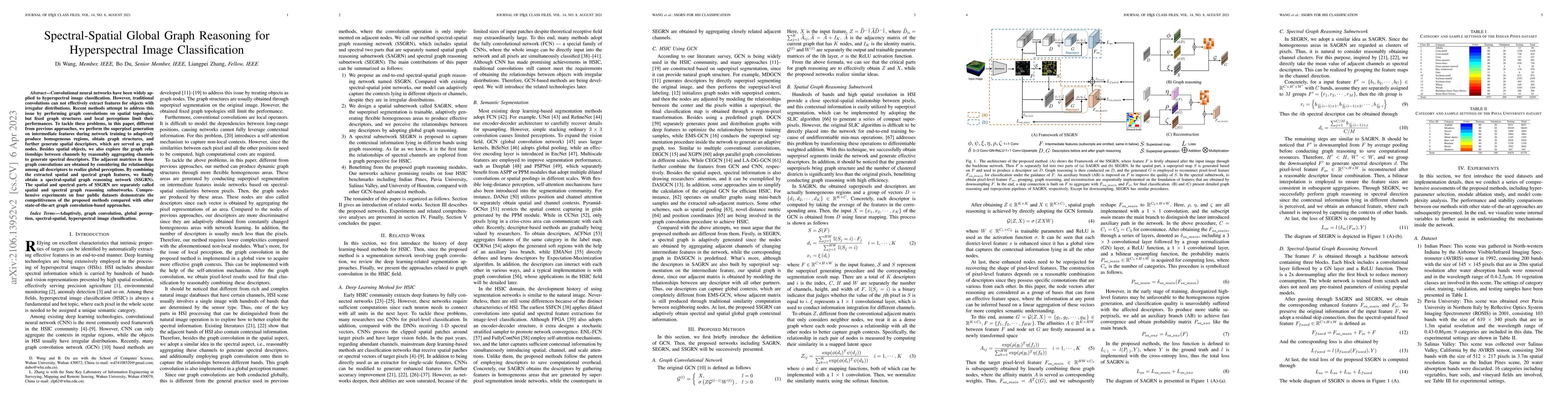 Thumbnail for Spectral-Spatial Global Graph Reasoning for Hyperspectral Image
  Classification
