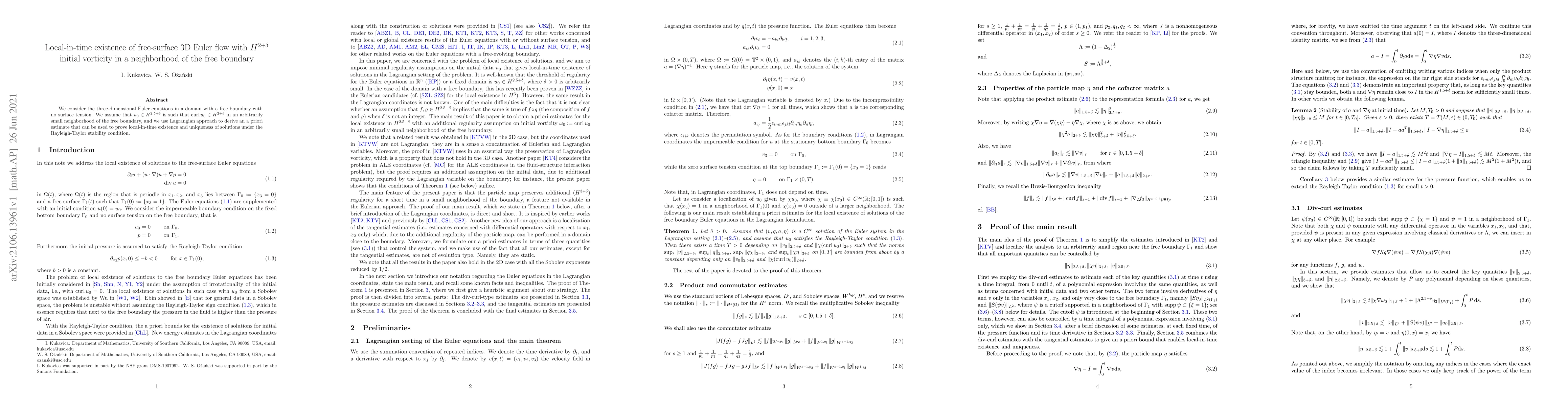 Thumbnail for Local-in-time existence of free-surface 3D Euler flow with
  $H^{2+\delta}$ initial vorticity in a neighborhood of the free boundary