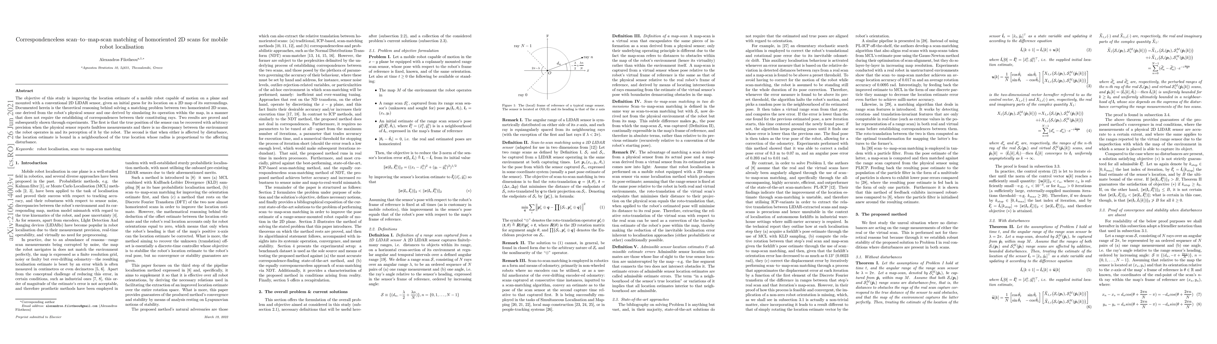 Thumbnail for Correspondenceless scan-to-map-scan matching of homoriented 2D scans for
  mobile robot localisation