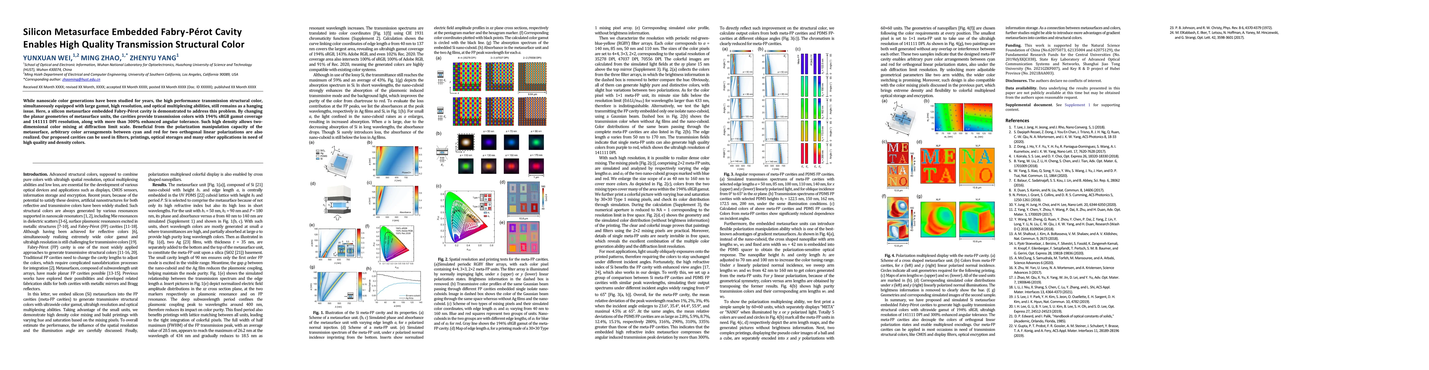 Thumbnail for Silicon Metasurface Embedded Fabry-Perot Cavity Enables High Quality
  Transmission Structural Color