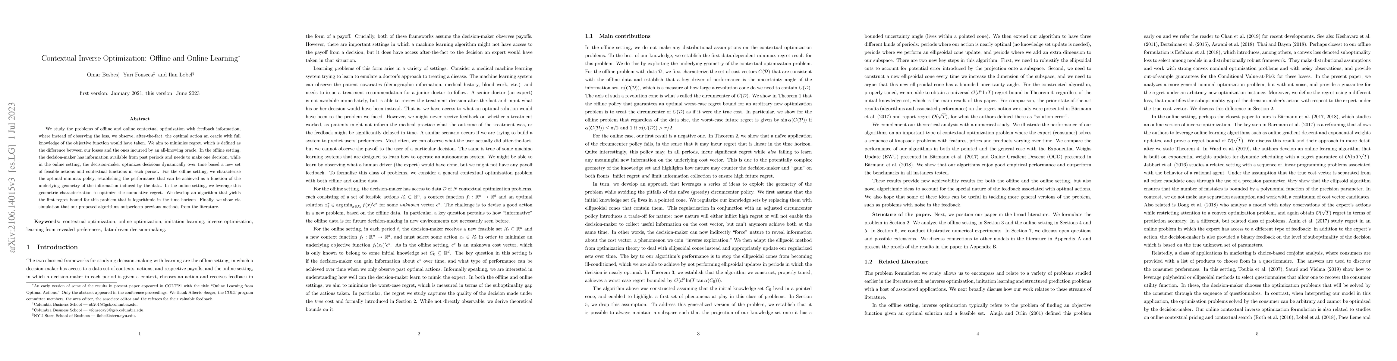 Thumbnail for Contextual Inverse Optimization: Offline and Online Learning