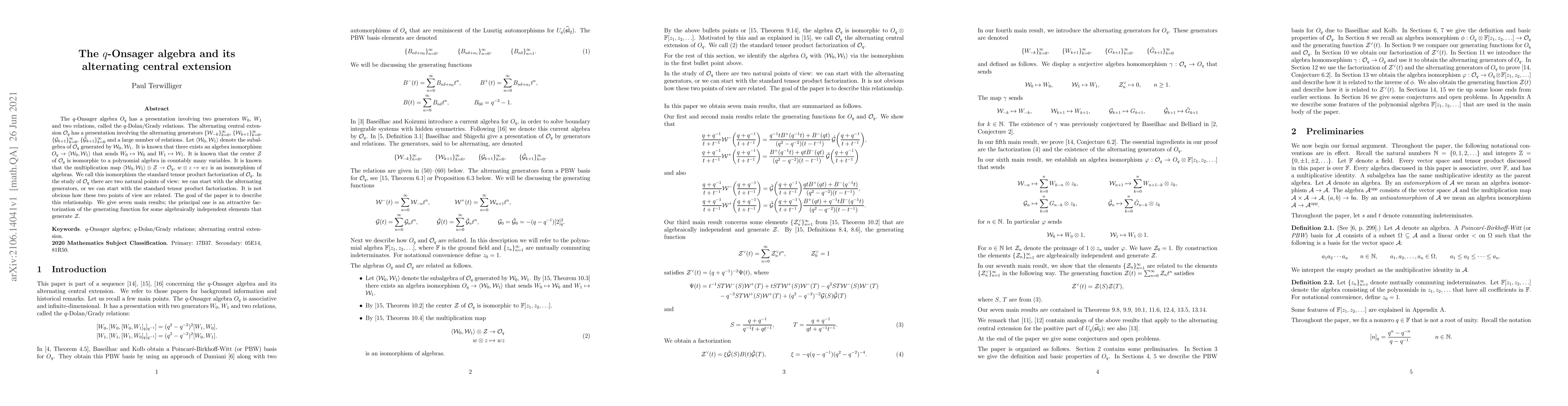 Thumbnail for The $q$-Onsager algebra and its alternating central extension