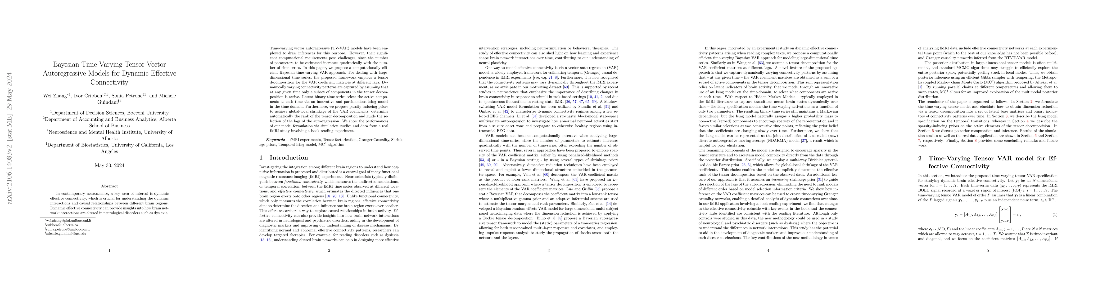 Thumbnail for Bayesian Time-Varying Tensor Vector Autoregressive Models for Dynamic
  Effective Connectivity
