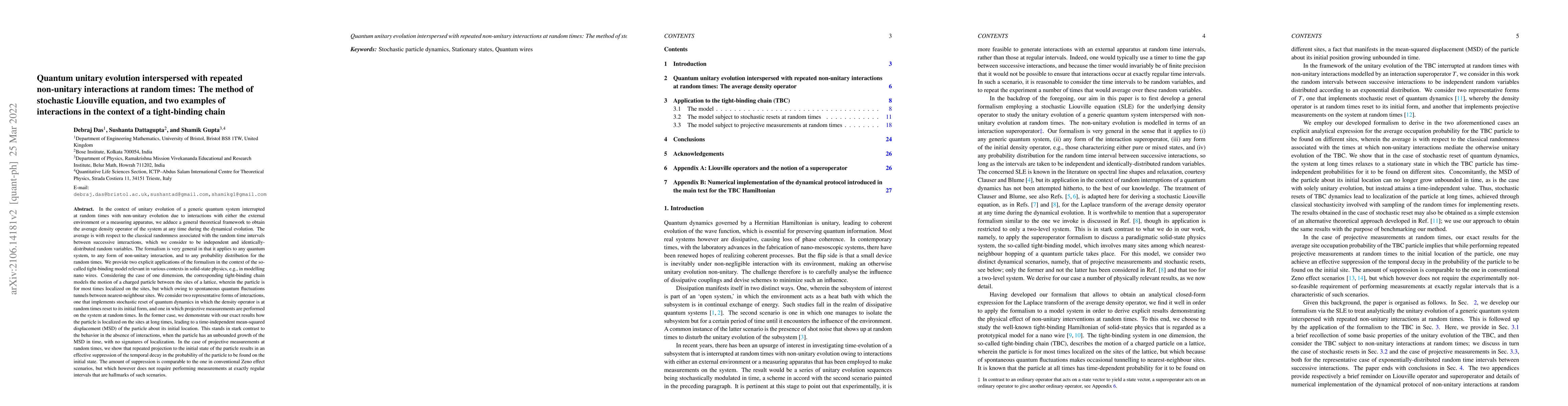 Thumbnail for Quantum unitary evolution interspersed with repeated non-unitary
  interactions at random times: The method of stochastic Liouville equation,
  and two examples of interactions in the context of a tight-binding chain