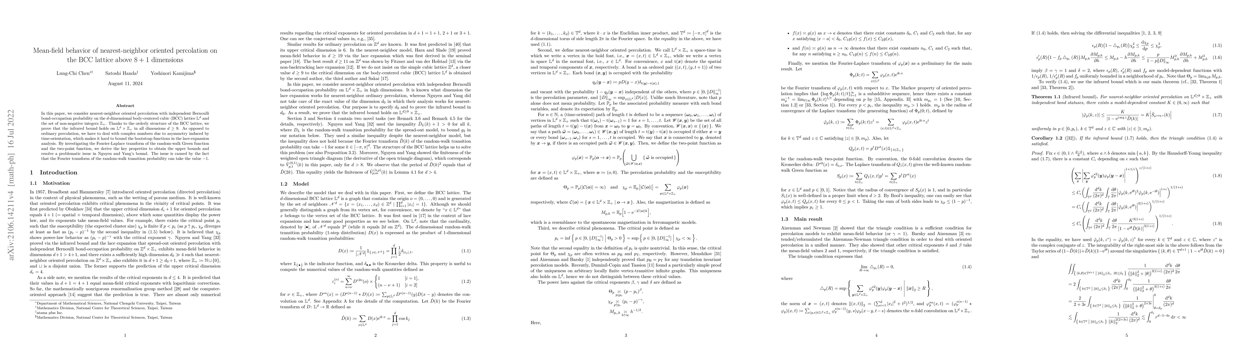 Thumbnail for Mean-field behavior of nearest-neighbor oriented percolation on the BCC
  lattice above $8+1$ dimensions