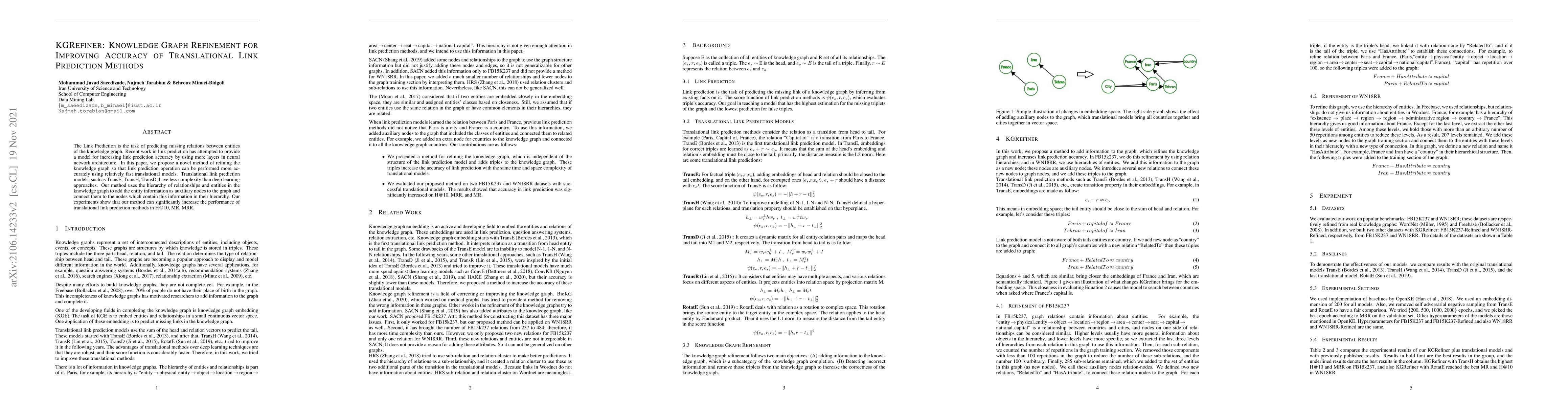 Thumbnail for KGRefiner: Knowledge Graph Refinement for Improving Accuracy of
  Translational Link Prediction Methods