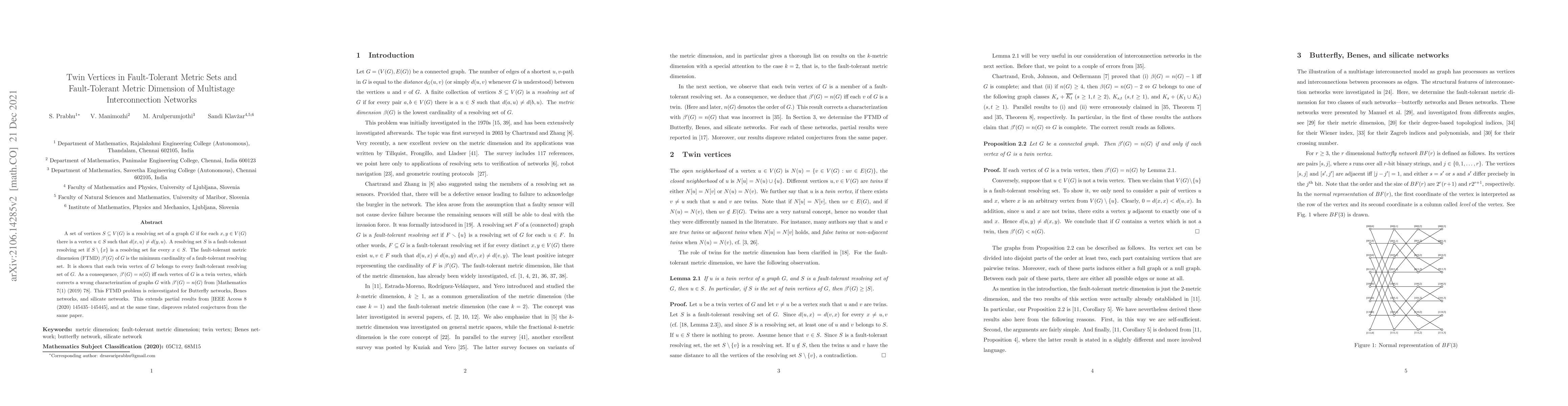 Thumbnail for Twin Vertices in Fault-Tolerant Metric Sets and Fault-Tolerant Metric
  Dimension of Multistage Interconnection Networks
