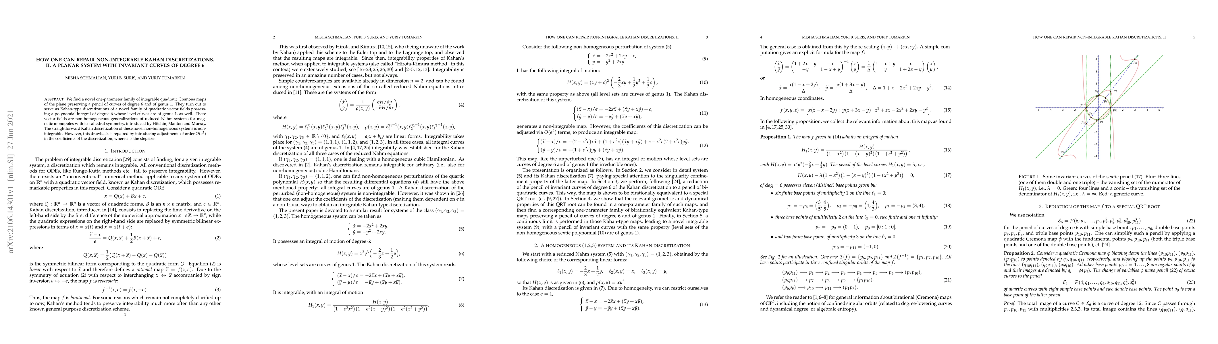 Thumbnail for How one can repair non-integrable Kahan discretizations. II. A planar
  system with invariant curves of degree 6