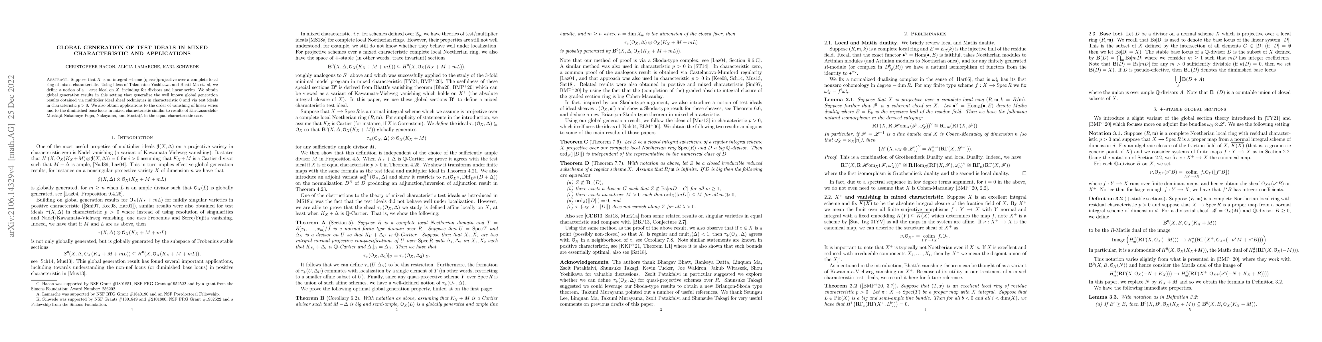 Thumbnail for Global generation of test ideals in mixed characteristic and
  applications
