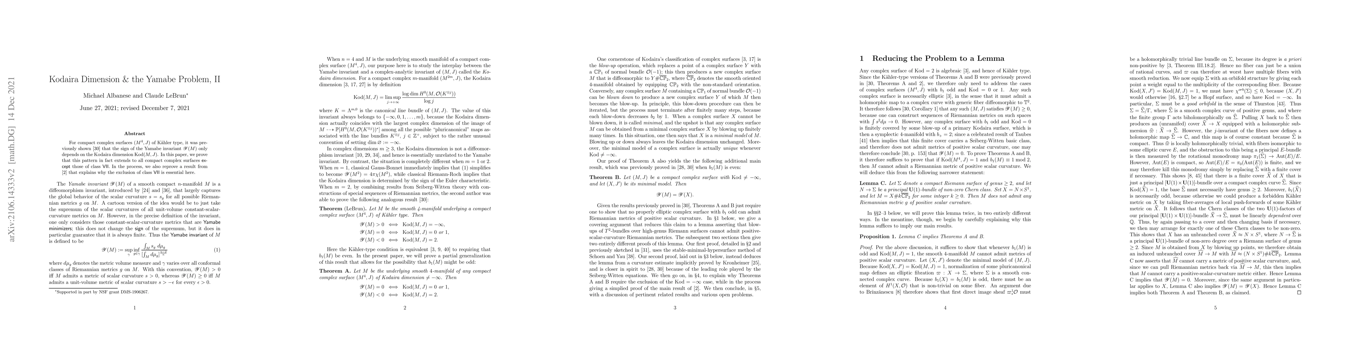 Thumbnail for Kodaira Dimension and the Yamabe Problem, II