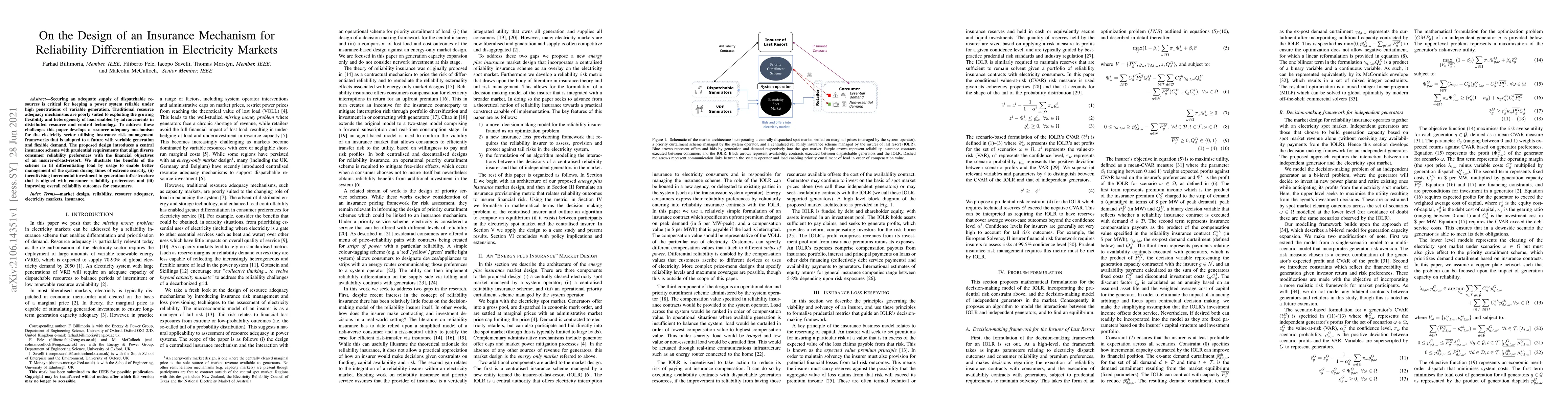Thumbnail for On the Design of an Insurance Mechanism for Reliability Differentiation
  in Electricity Markets