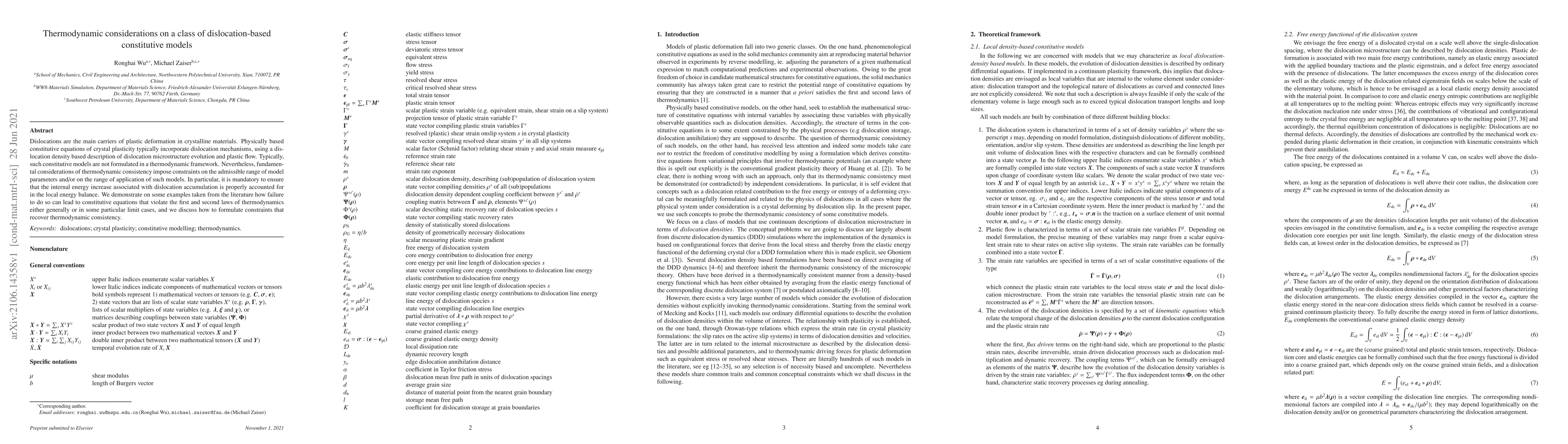 Thumbnail for Thermodynamic considerations on a class of dislocation-based
  constitutive models