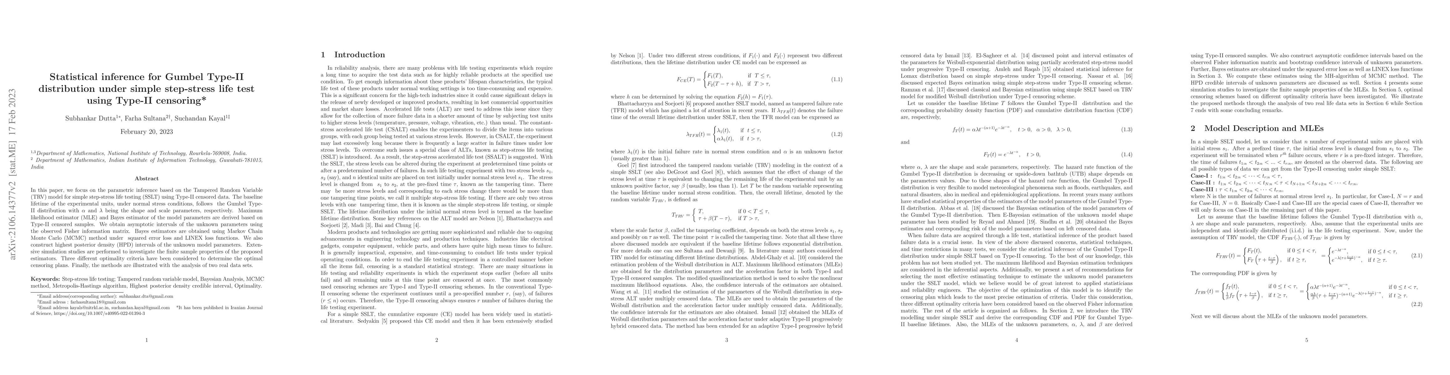 Thumbnail for Statistical inference for Gumbel Type-II distribution under simple
  step-stress life test using Type-II censoring