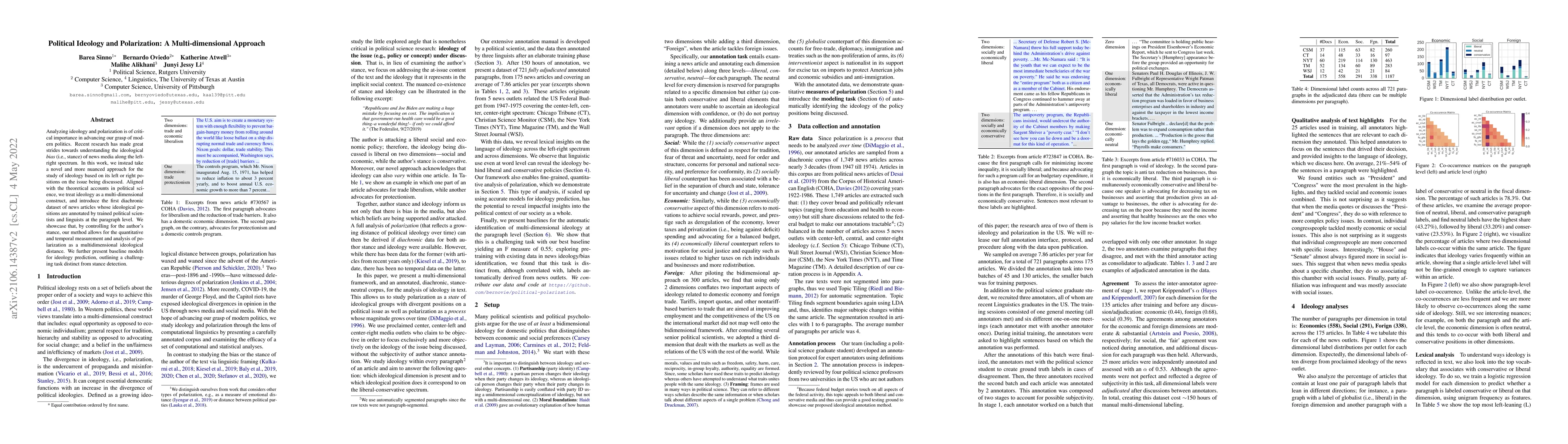 Thumbnail for Political Ideology and Polarization of Policy Positions: A
  Multi-dimensional Approach