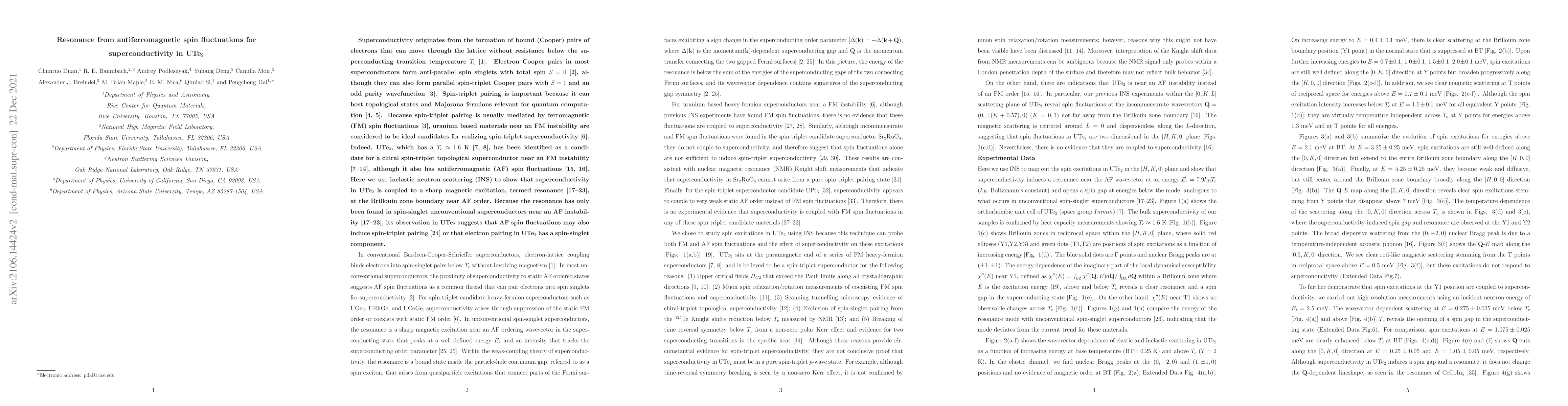 Thumbnail for Resonance from antiferromagnetic spin fluctuations for superconductivity
  in UTe$_2$