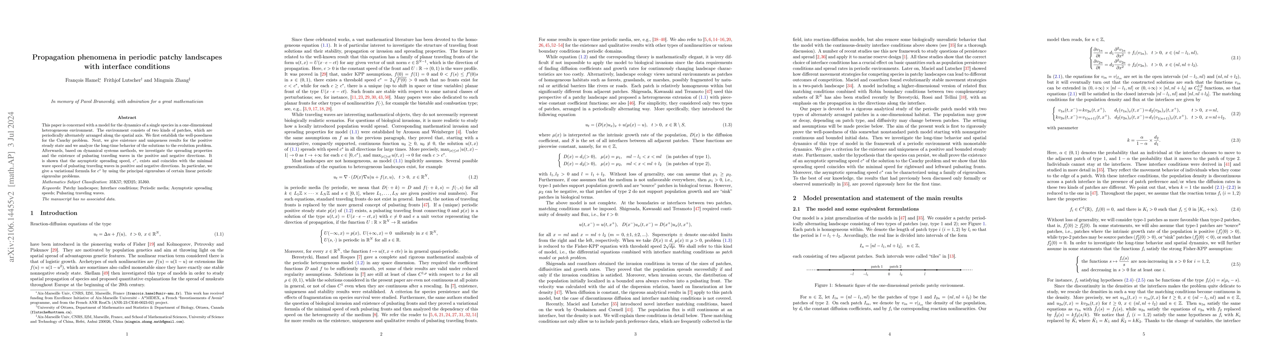 Thumbnail for Propagation phenomena in periodic patchy landscapes with interface
  conditions