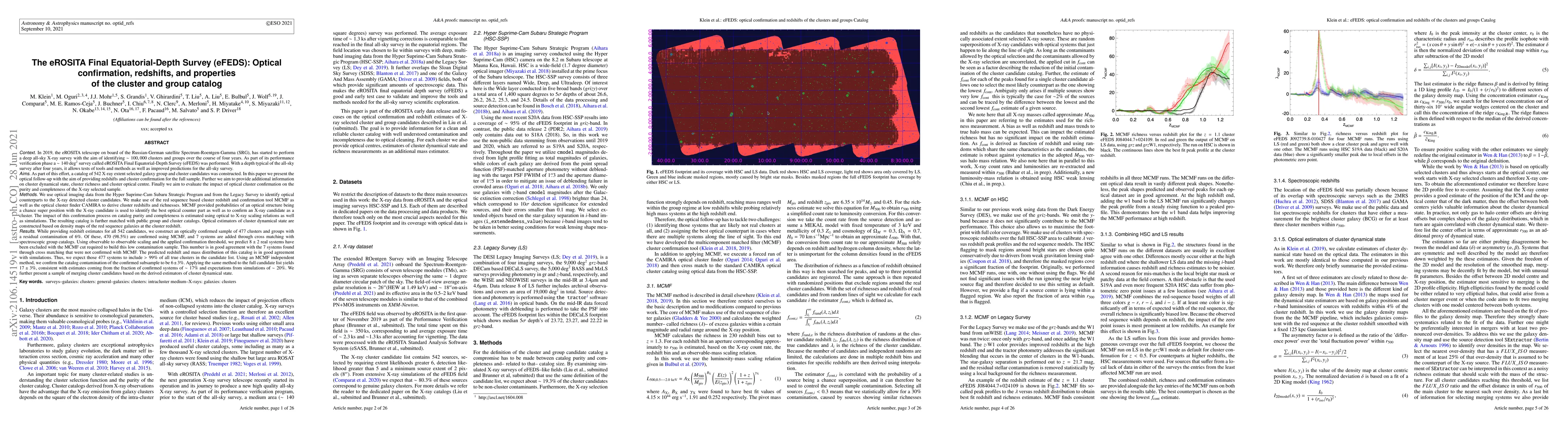 Thumbnail for The eROSITA Final Equatorial-Depth Survey (eFEDS): Optical confirmation,
  redshifts, and properties of the cluster and group catalog
