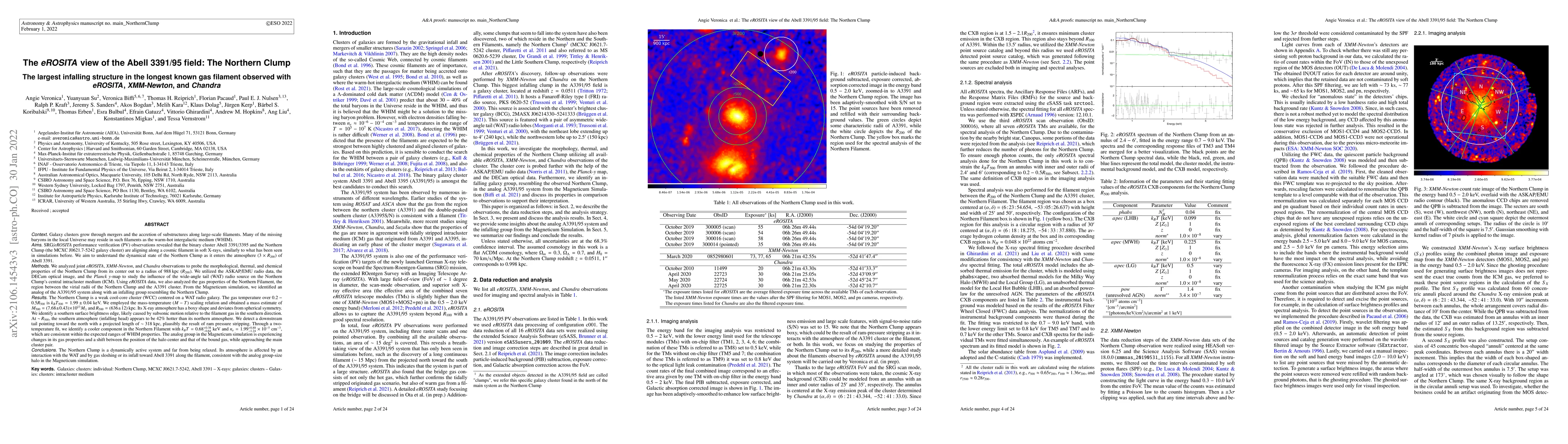 Thumbnail for The eROSITA view of the Abell 3391/95 field: The Northern Clump. The
  largest infalling structure in the longest known gas filament observed with
  eROSITA, XMM-Newton, and Chandra