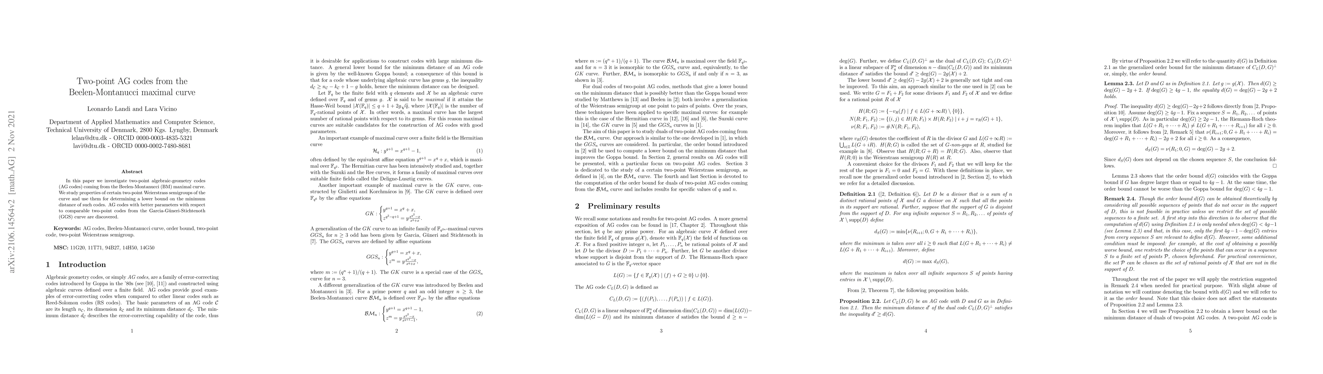 Thumbnail for Two-point AG codes from the Beelen-Montanucci maximal curve