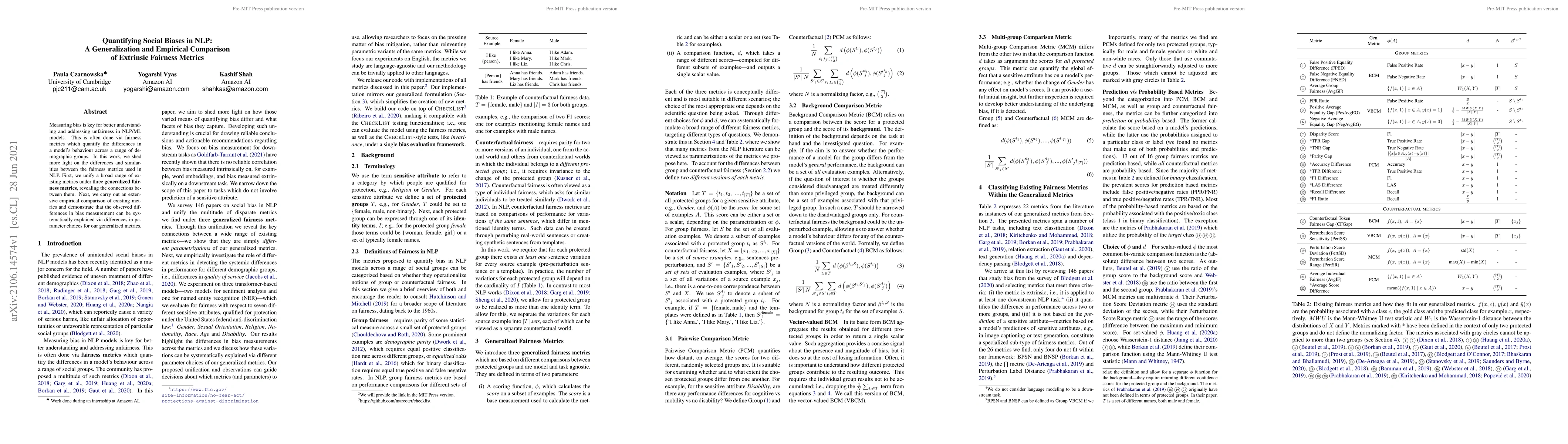 Thumbnail for Quantifying Social Biases in NLP: A Generalization and Empirical
  Comparison of Extrinsic Fairness Metrics