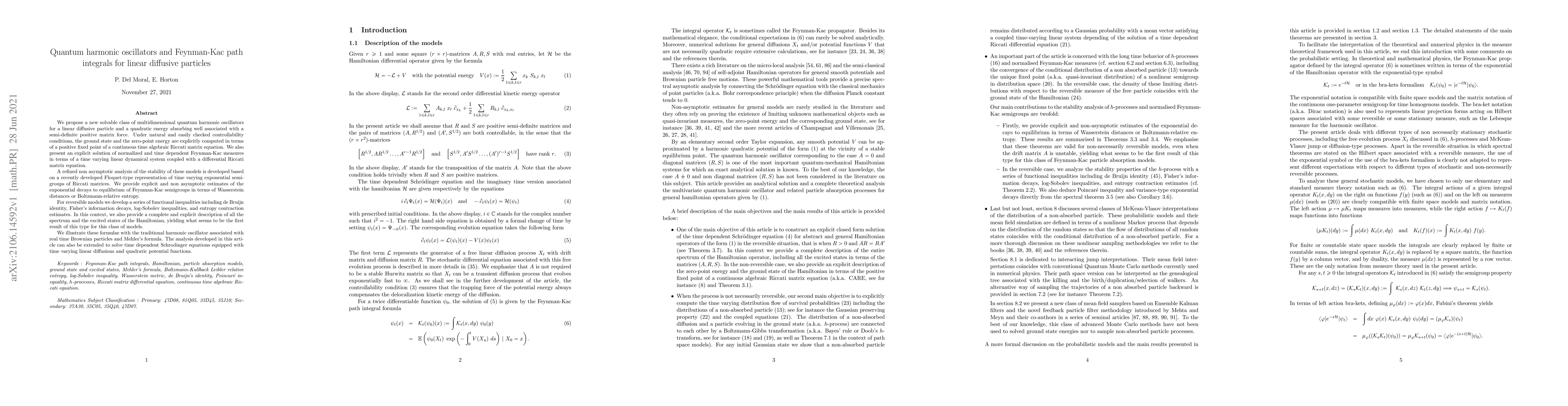 Thumbnail for Quantum harmonic oscillators and Feynman-Kac path integrals for linear
  diffusive particles