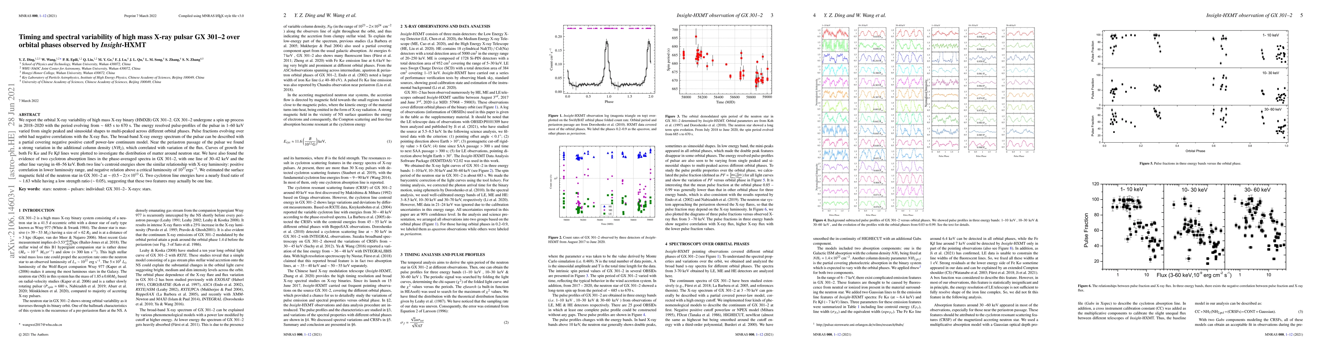 Thumbnail for Timing and spectral variability of high mass X-ray pulsar GX 301--2 over
  orbital phases observed by Insight-HXMT