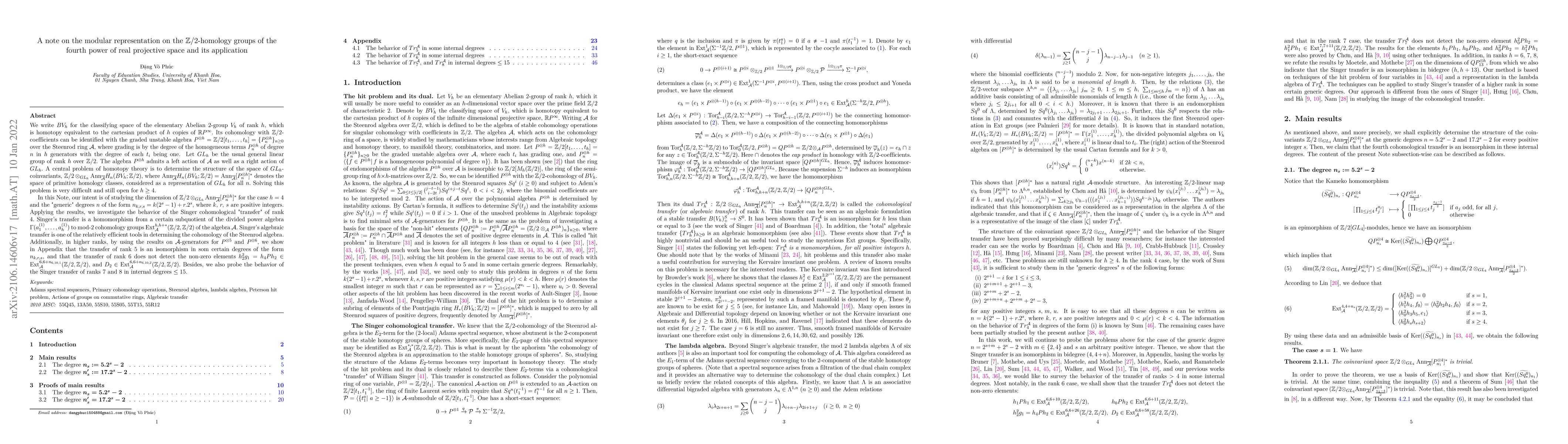 Thumbnail for A note on the modular representation on the $\mathbb Z/2$-homology
  groups of the fourth power of real projective space and its application