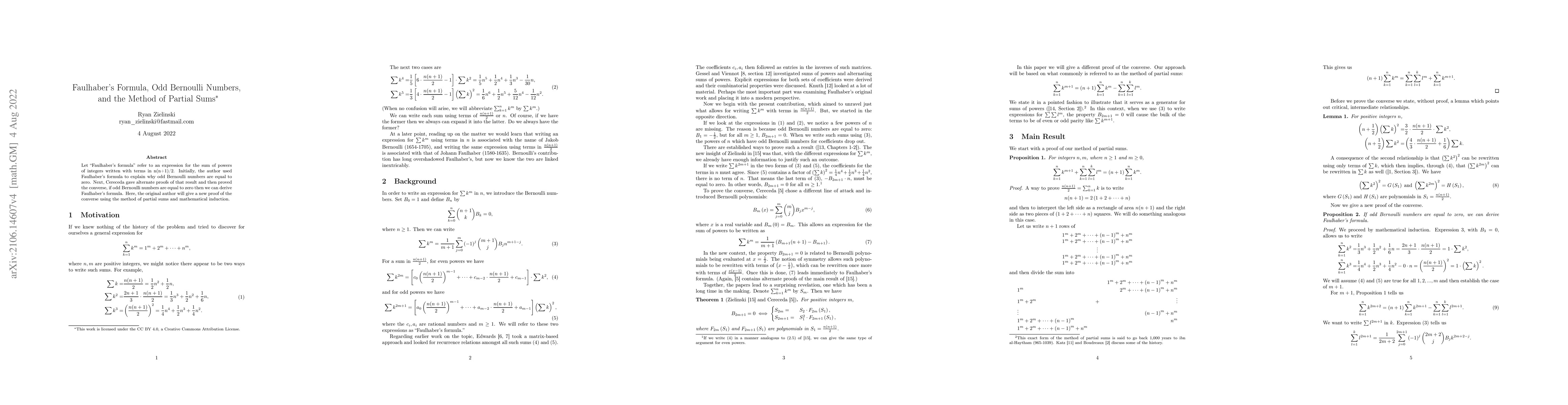 Thumbnail for Faulhaber's Formula, Odd Bernoulli Numbers, and the Method of Partial
  Sums