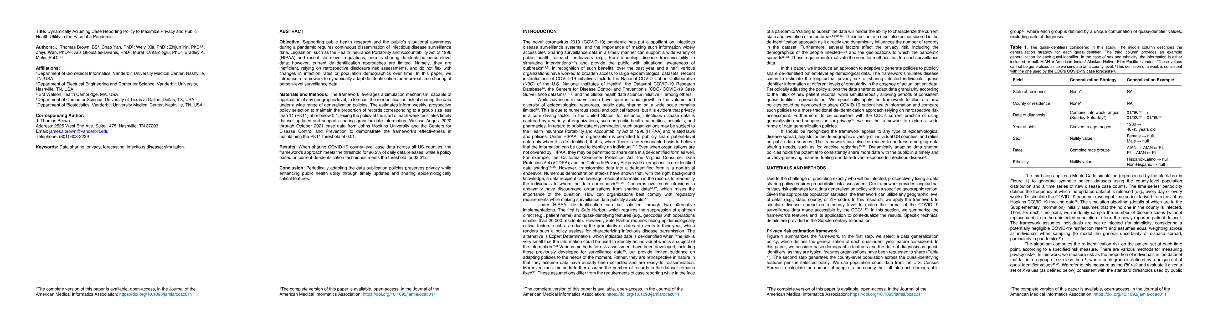 Thumbnail for Dynamically Adjusting Case Reporting Policy to Maximize Privacy and
  Utility in the Face of a Pandemic