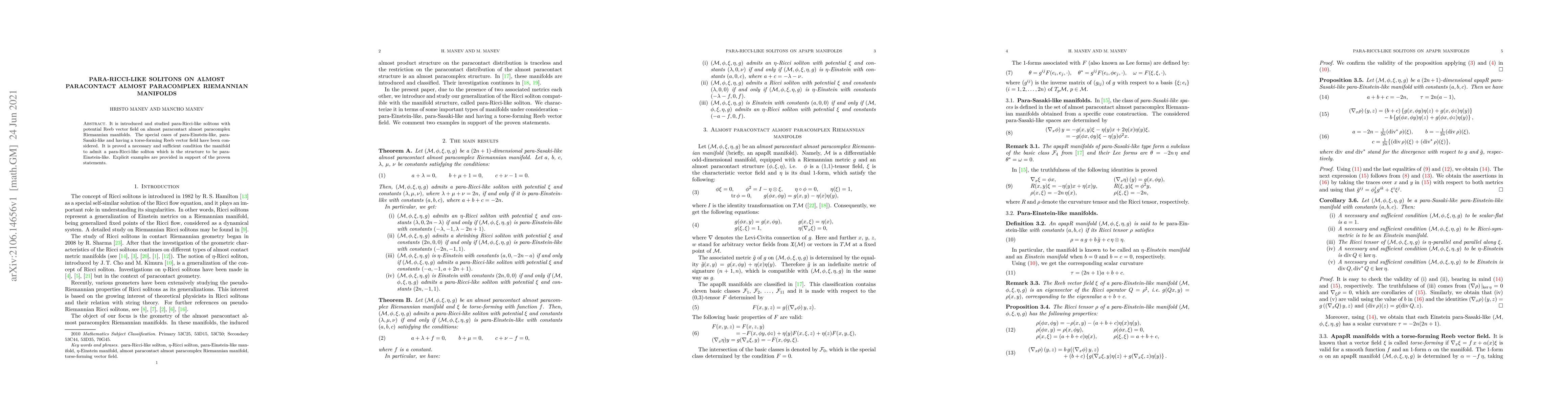 Thumbnail for Para-Ricci-like Solitons on Almost Paracontact Almost Paracomplex
  Riemannian Manifolds