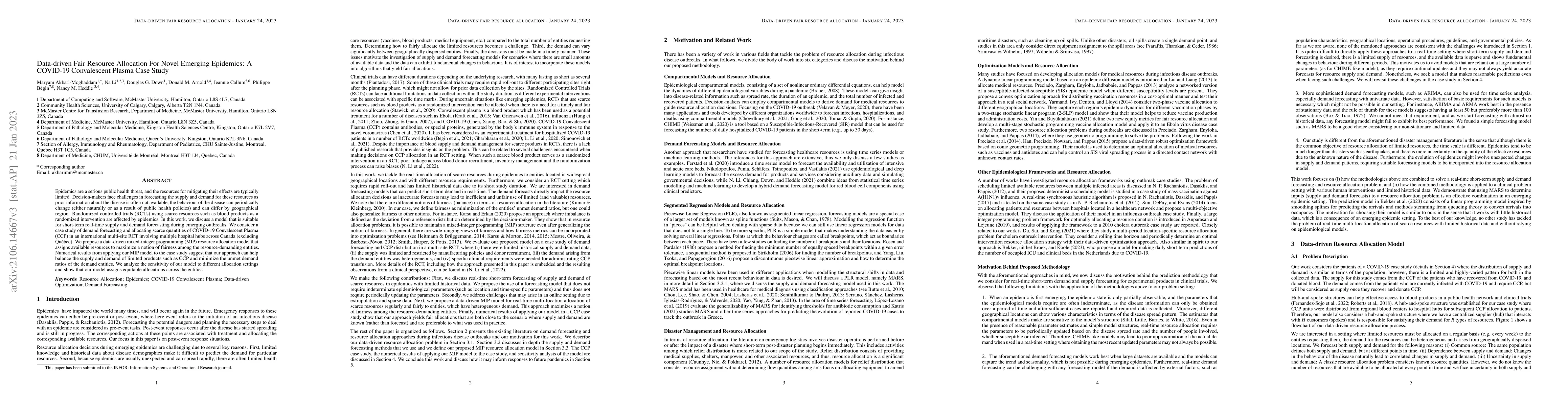 Thumbnail for Data-driven Fair Resource Allocation For Novel Emerging Epidemics: A
  COVID-19 Convalescent Plasma Case Study