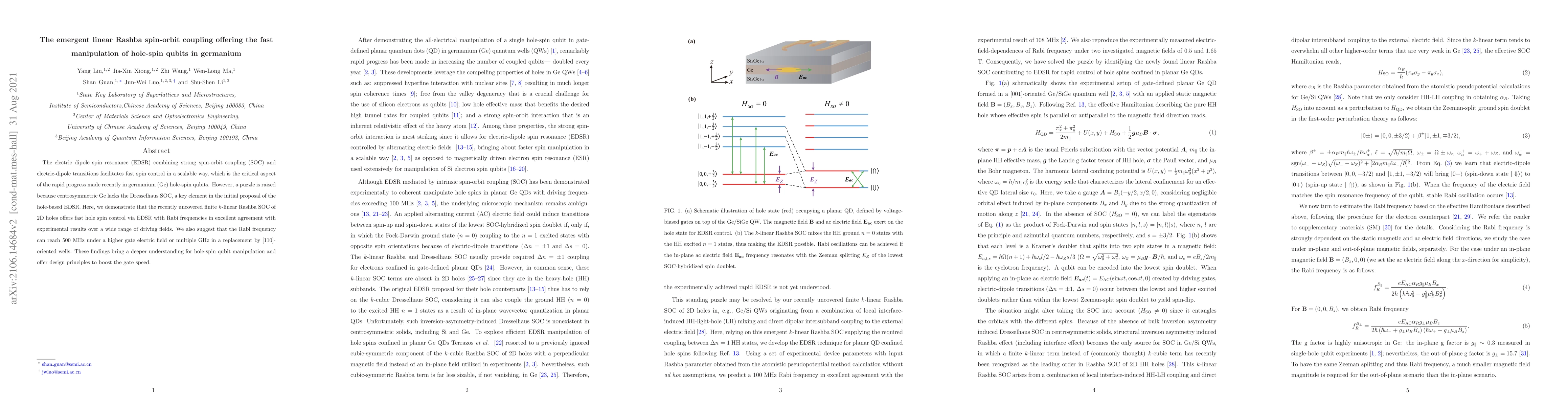 Thumbnail for The emergent linear Rashba spin-orbit coupling offering the fast
  manipulation of hole-spin qubits in germanium