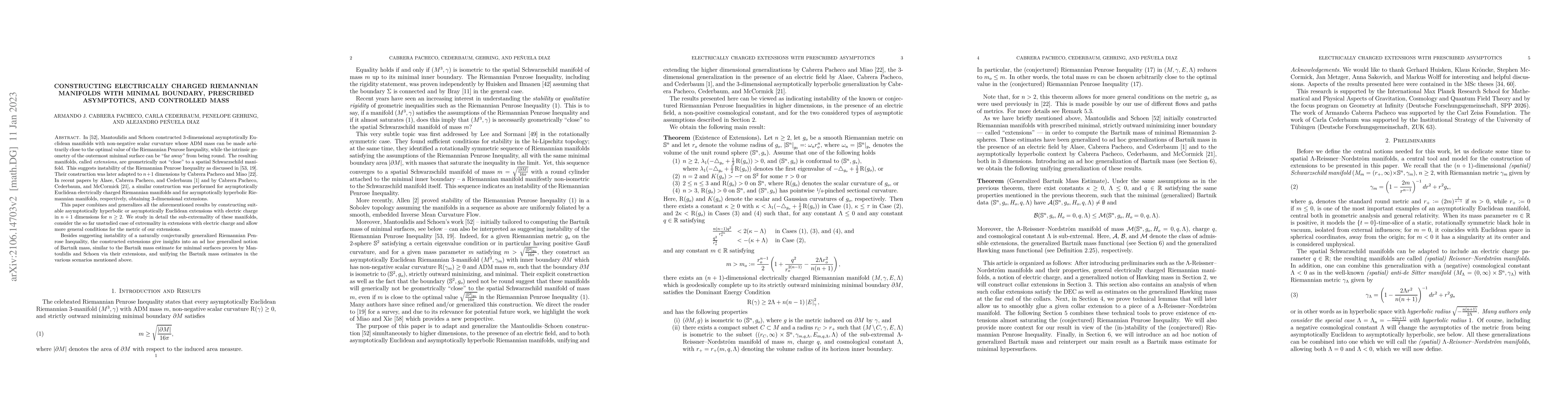 Thumbnail for Constructing electrically charged Riemannian manifolds with minimal
  boundary, prescribed asymptotics, and controlled mass