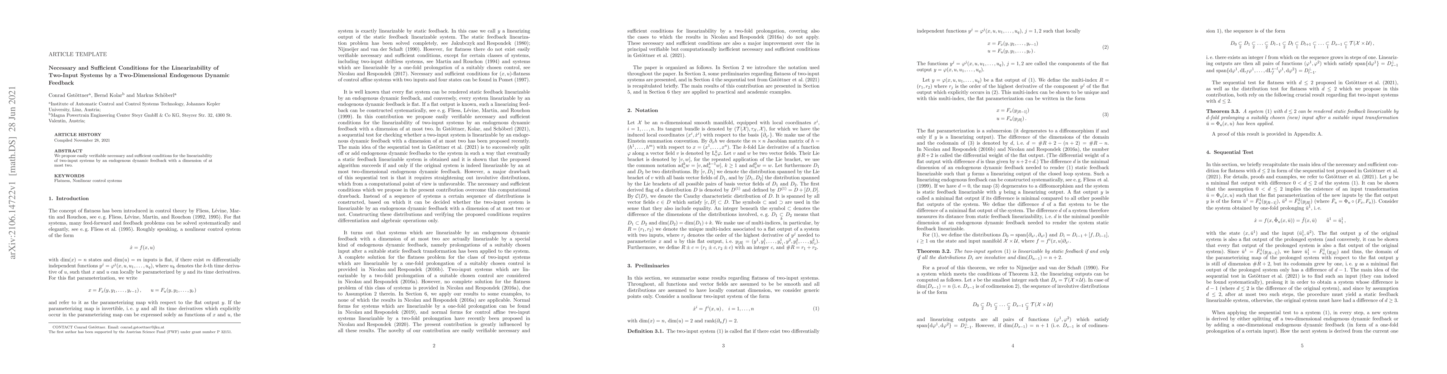 Thumbnail for Necessary and Sufficient Conditions for the Linearizability of Two-Input
  Systems by a Two-Dimensional Endogenous Dynamic Feedback