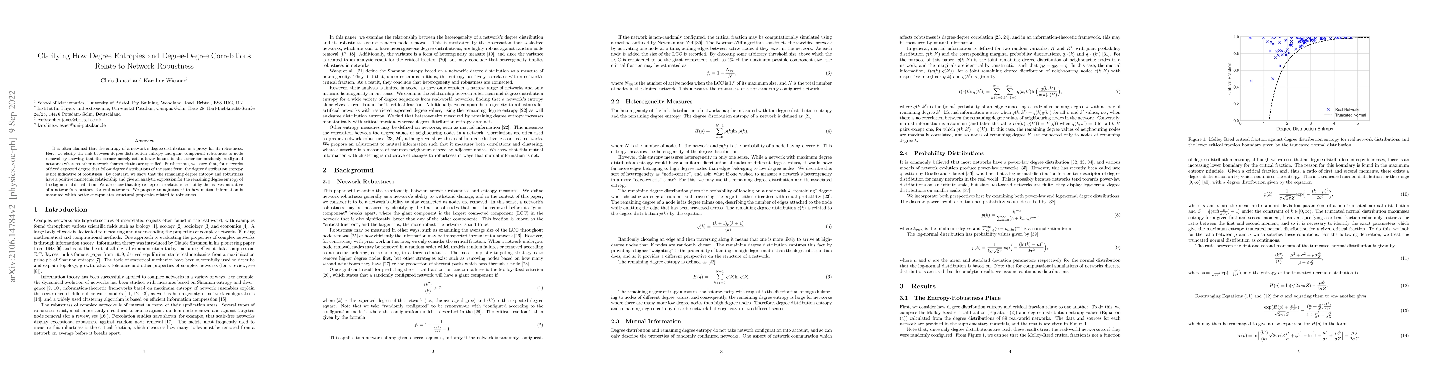 Thumbnail for Clarifying How Degree Entropies and Degree-Degree Correlations Relate to
  Network Robustness