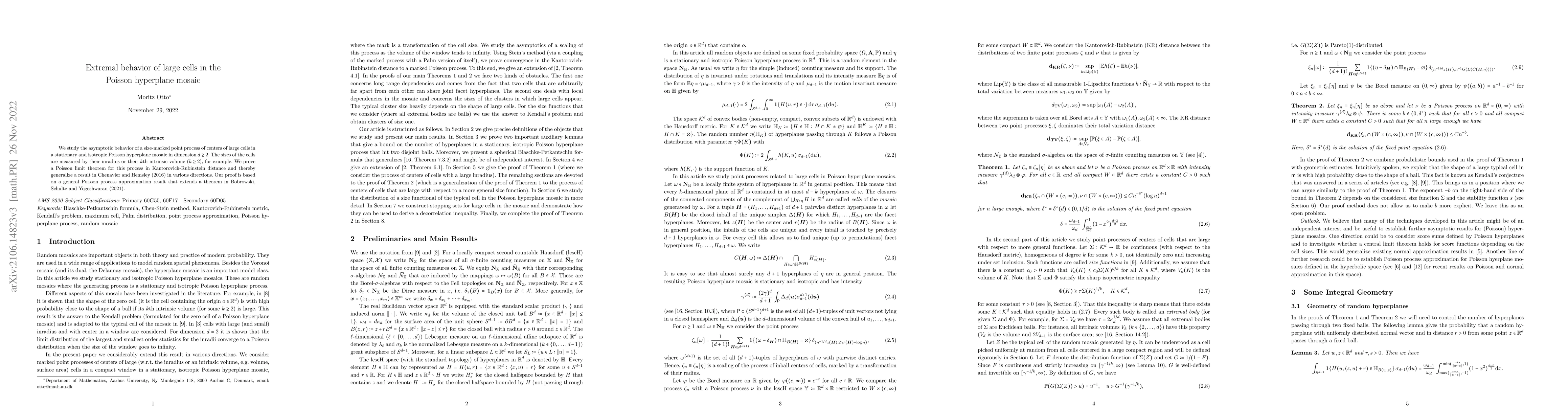 Thumbnail for Extremal behavior of large cells in the Poisson hyperplane mosaic