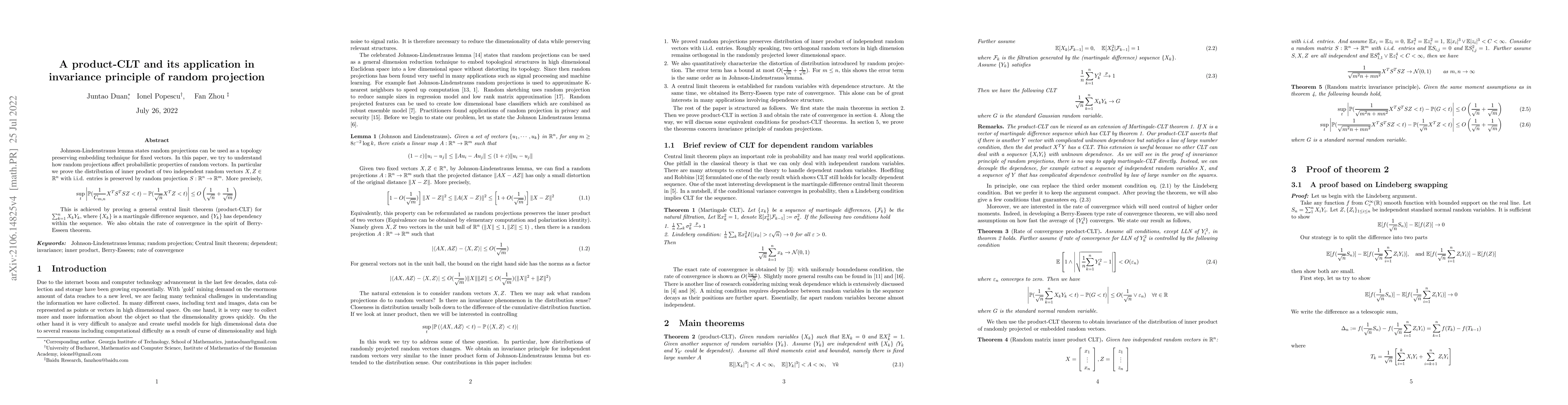 Thumbnail for A product-CLT and its application in invariance principle of random
  projection