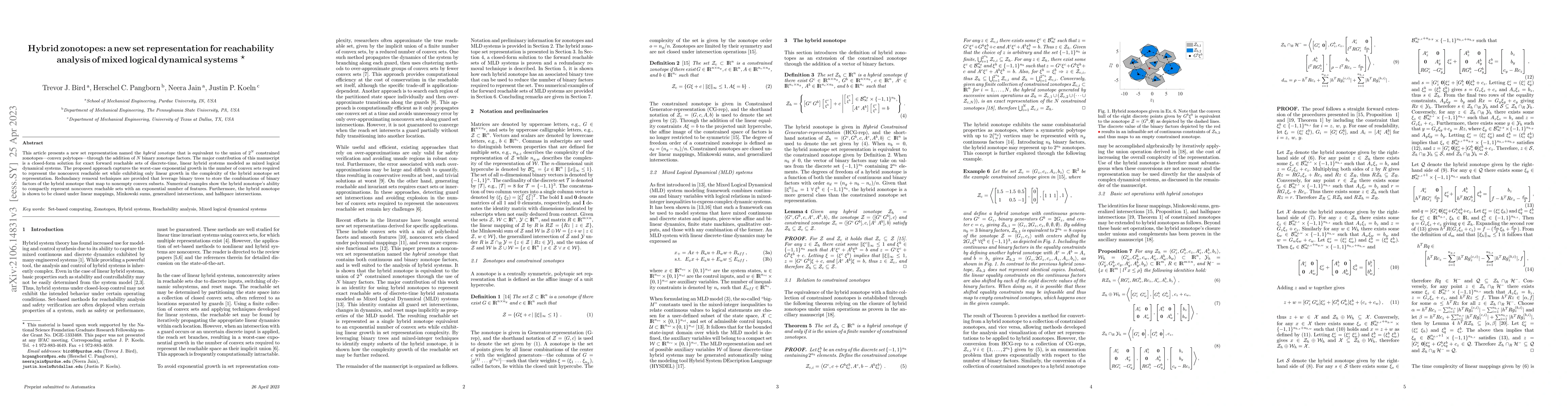 Thumbnail for Hybrid zonotopes: a new set representation for reachability analysis of
  mixed logical dynamical systems