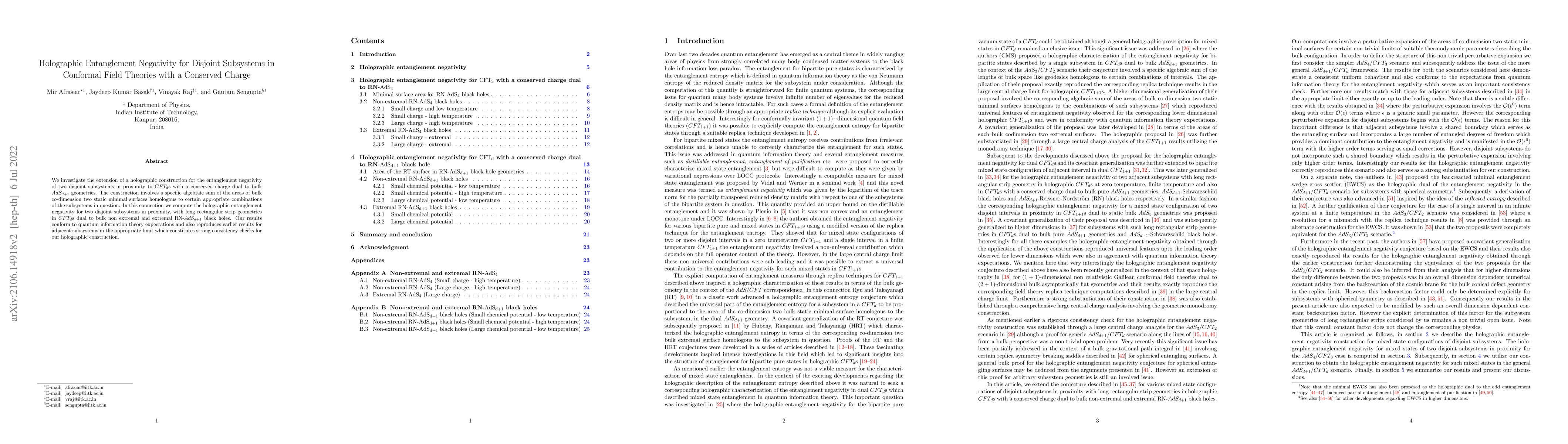 Thumbnail for Holographic Entanglement Negativity for Disjoint Subsystems in Conformal
  Field Theories with a Conserved Charge