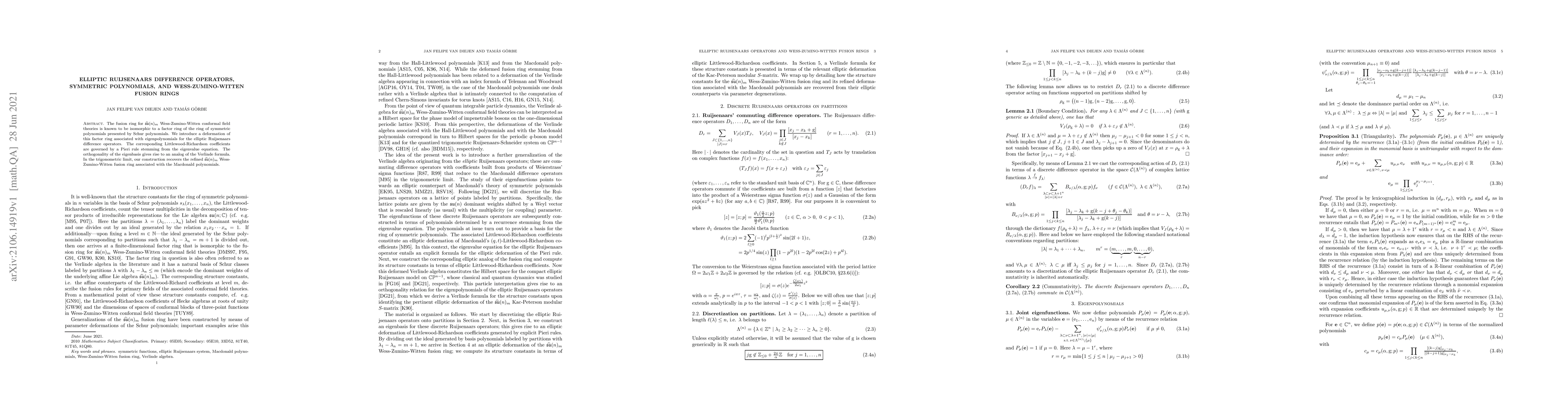 Thumbnail for Elliptic Ruijsenaars difference operators, symmetric polynomials, and
  Wess-Zumino-Witten fusion rings