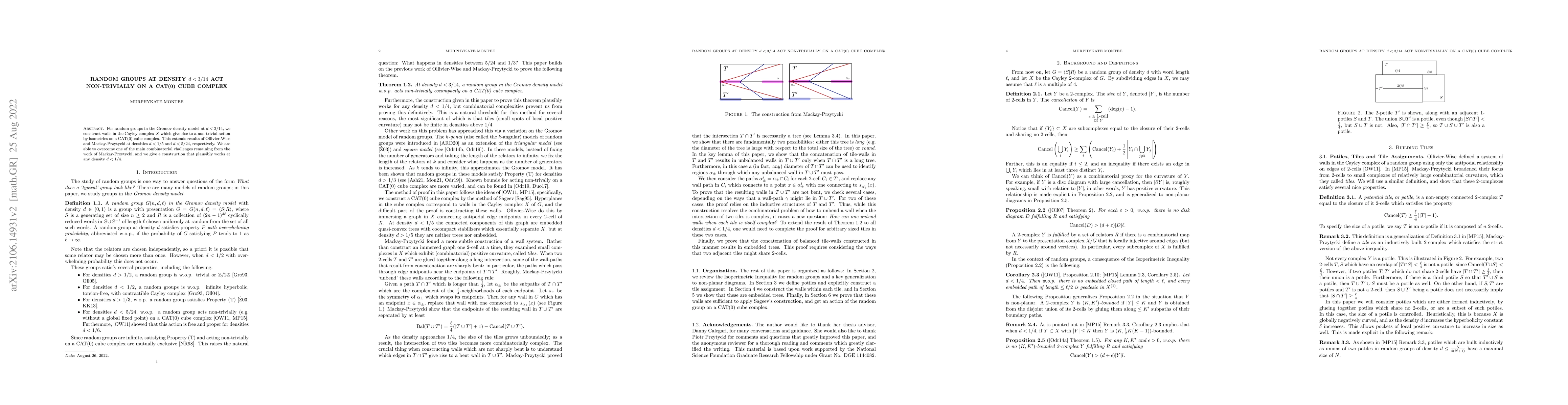 Thumbnail for Random groups at density $d<3/14$ act non-trivially on a CAT(0) cube
  complex