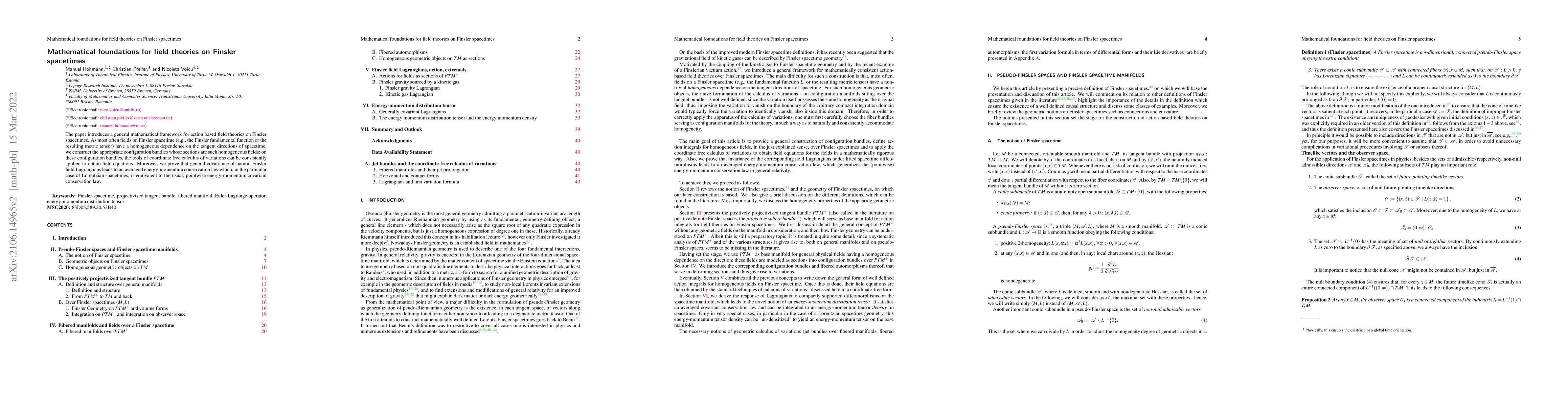 Thumbnail for Mathematical foundations for field theories on Finsler spacetimes